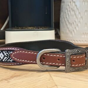 Brown Leather beaded dog collar with Silver Buckle